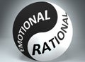 Emotional and rational in balance - pictured as words Emotional, rational and yin yang symbol, to show harmony between Emotional