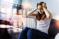 Upset woman touching her head while discovering unpleasant news Royalty Free Stock Photo