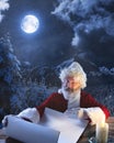 Emotional Santa Claus congratulating with New Year and Christmas, writing a letter, wish list in midnight with candle Royalty Free Stock Photo