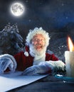 Emotional Santa Claus congratulating with New Year and Christmas, writing a letter, wish list in midnight with candle Royalty Free Stock Photo