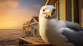 Emotional Seagull On Wooden Deck: A Photo Realistic Rendering