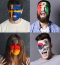 Emotional soccer fans with painted flags on faces