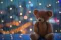 Emotional solitude teddy bear cries amid love shape bokeh lights