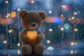 Emotional solitude teddy bear cries amid love shape bokeh lights