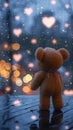 Emotional solitude teddy bear cries amid love shape bokeh lights