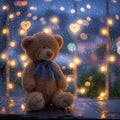 Emotional solitude teddy bear cries amid love shape bokeh lights