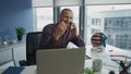 Emotional specialist discussing phone call at home closeup. Positive man talking Royalty Free Stock Photo