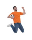 Emotional sports fan with ball jumping on white background