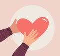 Emotional support. Hands holding heart. Vector flat empathy concept