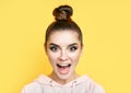 Emotional suprised woman face close up portrait on yellow background.