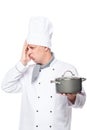 Emotional upset unsuccessful dish cook in a pot on a white