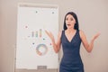 Emotional woman making business presentation on whiteboard Royalty Free Stock Photo