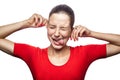 Emotional woman with red t-shirt and freckles. Royalty Free Stock Photo