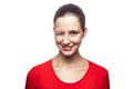 Emotional woman with red t-shirt and freckles. Royalty Free Stock Photo