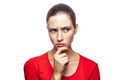 Emotional woman with red t-shirt and freckles. Royalty Free Stock Photo