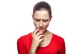 Emotional woman with red t-shirt and freckles. Royalty Free Stock Photo