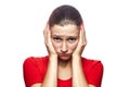 Emotional woman with red t-shirt and freckles. Royalty Free Stock Photo