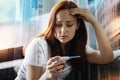 Emotional woman touching her head while looking at the pregnancy test Royalty Free Stock Photo