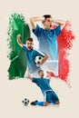 Emotional young soccer player representing team of Italy. Italian flag on background. Creative collage. Poster for sport Royalty Free Stock Photo