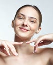 Headshot of emotional female face portrait with happy facial expression