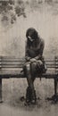 Emotionally Charged Black And White Drawing Of A Woman On A Post-apocalyptic Bench