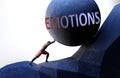 Emotions as a problem that makes life harder - symbolized by a person pushing weight with word Emotions to show that Emotions can