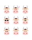 Emotions cow set. Smiling, bored, enamored, sleepy, sad and other cow`s emotions collection.