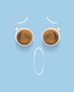 Emotions and doodles. Cup with fresh coffee, americano over blue background. Shocked face. Creative design. Poster