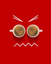 Emotions and doodles. Cup with fresh coffee, americano over red background. Lack of energy. Irritation. Creative design