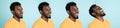 Portrait of African man isolated on blue studio background with copyspace. Collage