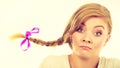 Sad teenage girl in windblown braid hair Royalty Free Stock Photo