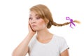 Sad teenage girl in windblown braid hair Royalty Free Stock Photo