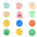 Multicolored faces expression isolated vector icons, funny cartoon emoticons happy and crazy, angry, laughing and sad.