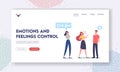 Emotions and Feelings Control Landing Page Template. Relaxed Peaceful Female Character Watch Colleagues Quarrel