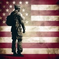 Grunge-Inspired Illustration: Soldier Saluting Fallen Comrade & Distressed American Flag