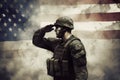 Grunge-Inspired Illustration: Soldier Saluting Fallen Comrade & Distressed American Flag