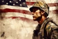 Grunge-Inspired Illustration: Soldier Saluting Fallen Comrade & Distressed American Flag