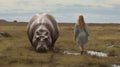 Emotive Portraits: Woman In Dress Walking Near A Hippo In Water