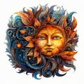 Vibrant sun face with swirling blue and orange leaves and flowers Royalty Free Stock Photo