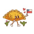 Empanada retro cartoon character with Chile flag. Cute Latin American food mascot. Contour ector illustration isolated
