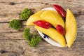 Empanadas and hot pepper on wooden background, traditional Colombian food Royalty Free Stock Photo