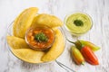 Empanadas with hot sauce, traditional Colombian food Royalty Free Stock Photo