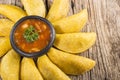 Empanadas with hot sauce, traditional Colombian food Royalty Free Stock Photo