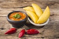 Empanadas with hot sauce, traditional Colombian food Royalty Free Stock Photo