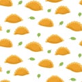 Empanadas seamless pattern. Fried pie background with green leaves. Traditional Latin American and spanish fast food