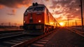 Empathetic Red Train At Sunset: A Captivating Shot Of Working-class Beauty Royalty Free Stock Photo