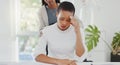 Empathy, anxiety and friends with black woman in office for stress, pain and support. Burnout, mental health and tired Royalty Free Stock Photo