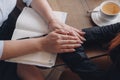 Empathy, friendly support, each other& x27;s support and sisterhood. Young woman comforting her friend sitting in cafe Royalty Free Stock Photo