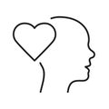 Empathy, Passion, Sympathy Feeling Line Icon. Human Head and Heart Shape Linear Pictogram. Kindness Emotion Outline Sign