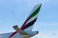 The empennage of a largest passenger airliner in the world Airbus A380. Royalty Free Stock Photo